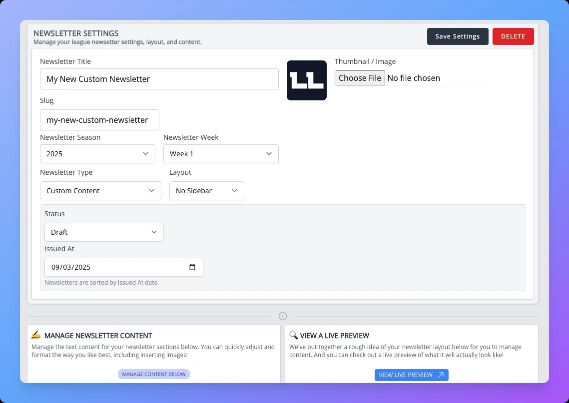 Custom fantasy newsletter builder interface